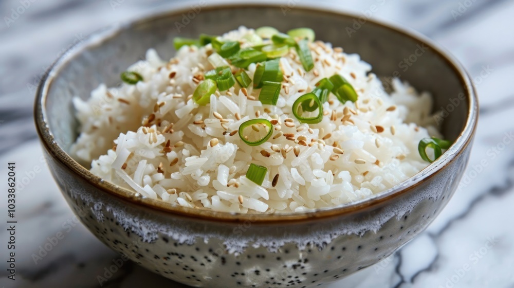 Close up shot of a simple homemade bowl of freshly cooked white rice garnished with bright green onion or scallion stems against a clean minimalist marble background Healthy natural Close up shot of a simple homemade bowl of freshly cooked white rice garnished with bright green onion or scallion stems against a clean minimalist marble background Healthy natural