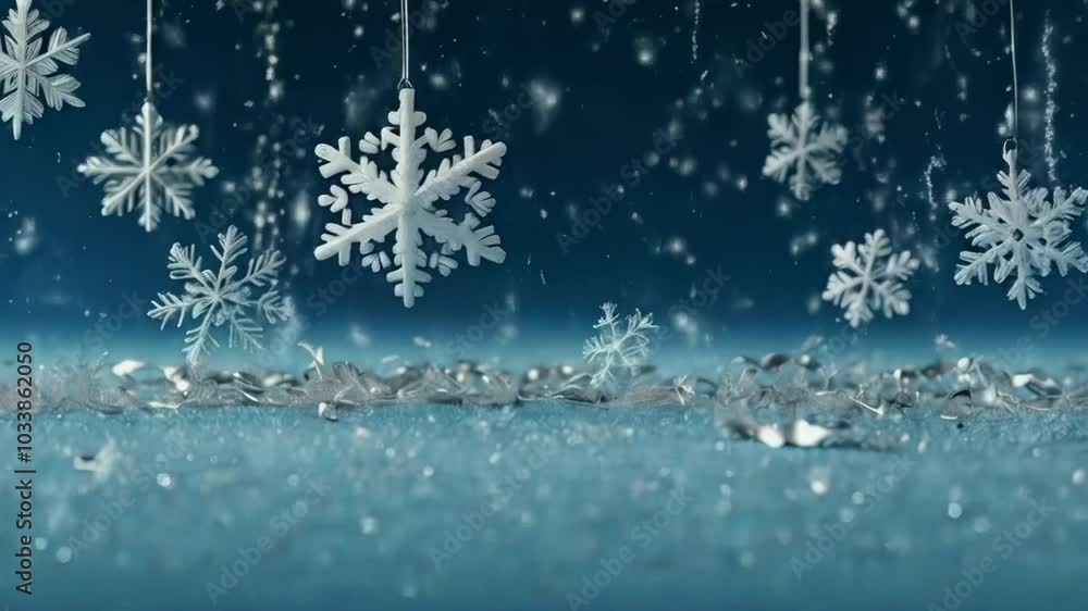 Holiday video animation with crystal white snowflakes falling against blue background, ideal for Christmas cards, festive greetings, and winter visuals Holiday video animation with crystal white snowflakes falling against blue background, ideal for Christmas cards, festive greetings, and winter visuals