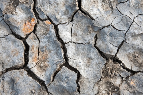 The image displays an arid landscape of cracked earth, reflecting the harshness and aridity, with cracks forming an intricate network across the surface. photo