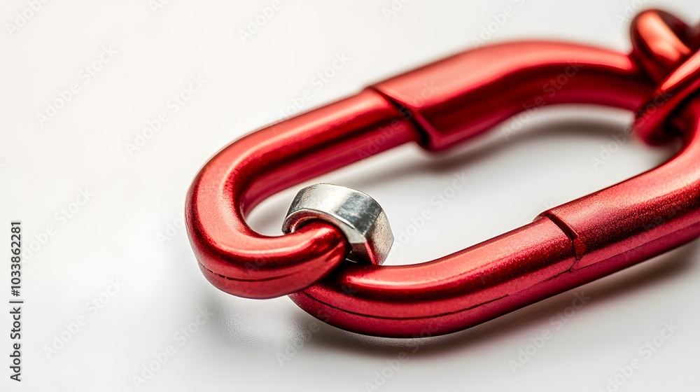Red locking karabiner done up, isolated on white background, with copy space. Close up of locking carabiner. Basic climbing gear. Red locking karabiner done up, isolated on white background, with copy space. Close up of locking carabiner. Basic climbing gear.