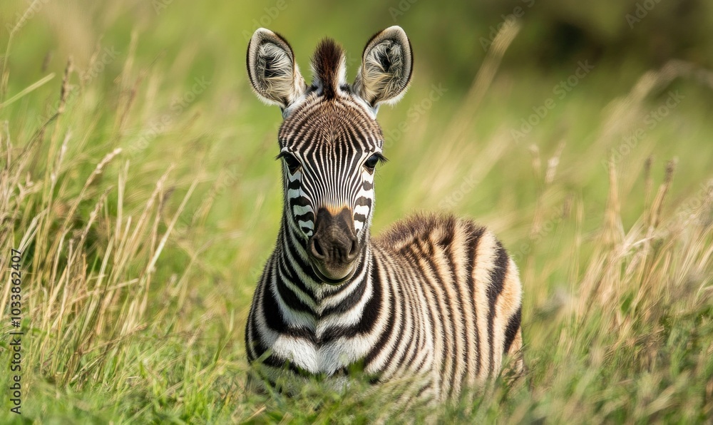 Fototapeta premium Cute Zebra Resting in Lush Greenery