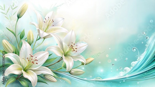 Delicate white lilies elegantly arranged with soft waves on a serene blue background