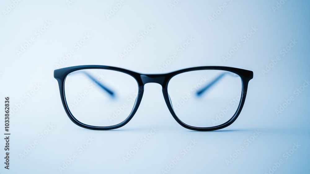 Fototapeta premium A pair of black eyeglasses sits on a white surface