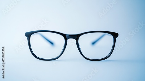 A pair of black eyeglasses sits on a white surface