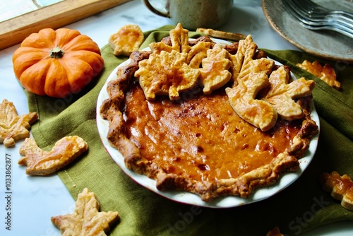 Pumpkin Pie Homemade With Decorative Pastry Thanksgiving Dessert
