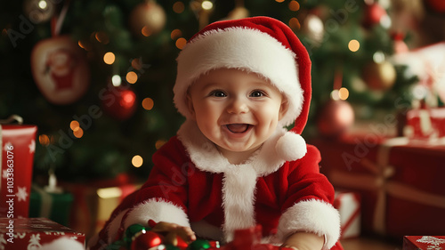 A cute baby dressed in a Santa outfit, smiling and playing with holiday toys, surrounded by a Christmas tree and wrapped presents