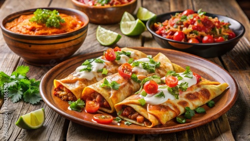 Tantalizing Mexican Enchiladas and Quesadillas on Rustic Brown Table – A Culinary Delight for Food Lovers