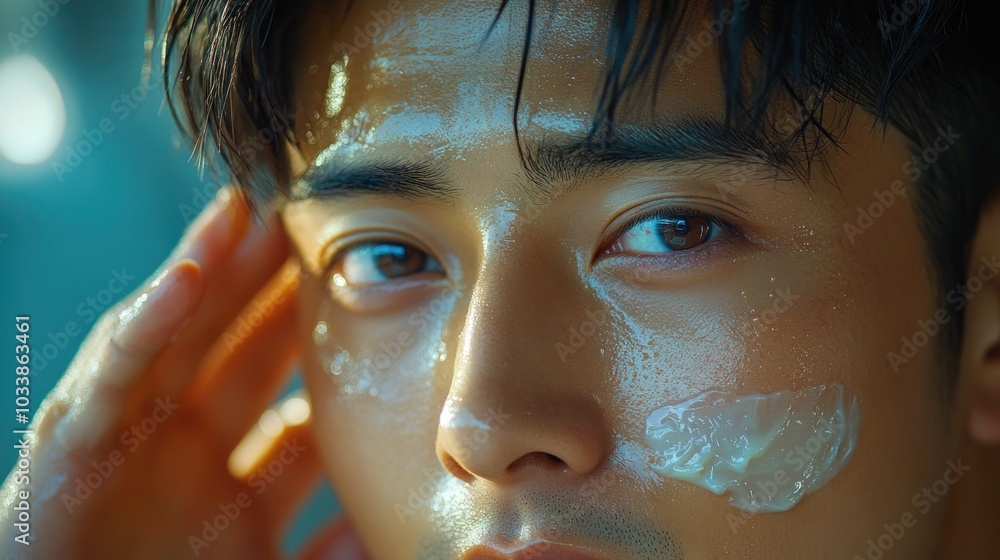 Close-up of a person applying skincare product to their face. Close-up of a person applying skincare product to their face.