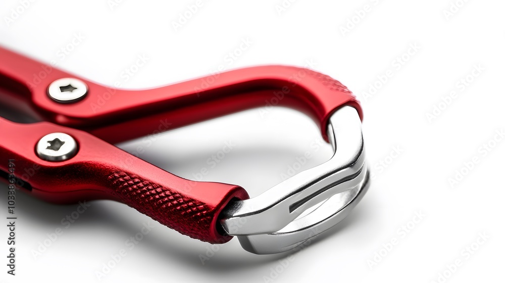 Red locking karabiner done up, isolated on white background, with copy space. Close up of locking carabiner. Basic climbing gear. Red locking karabiner done up, isolated on white background, with copy space. Close up of locking carabiner. Basic climbing gear.