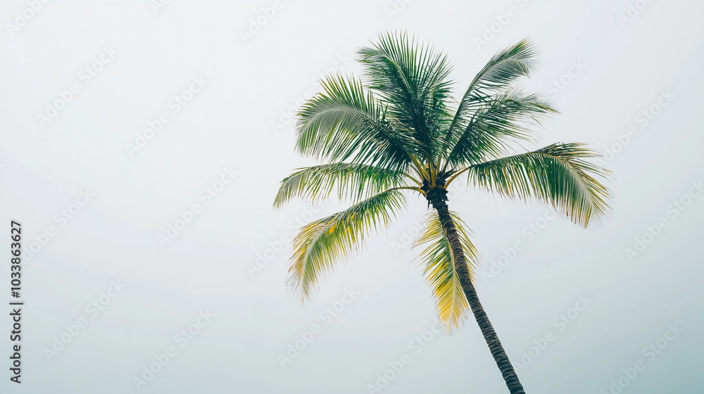 Fototapeta premium A solitary palm tree reaching towards a cloudy sky in a tranquil coastal setting