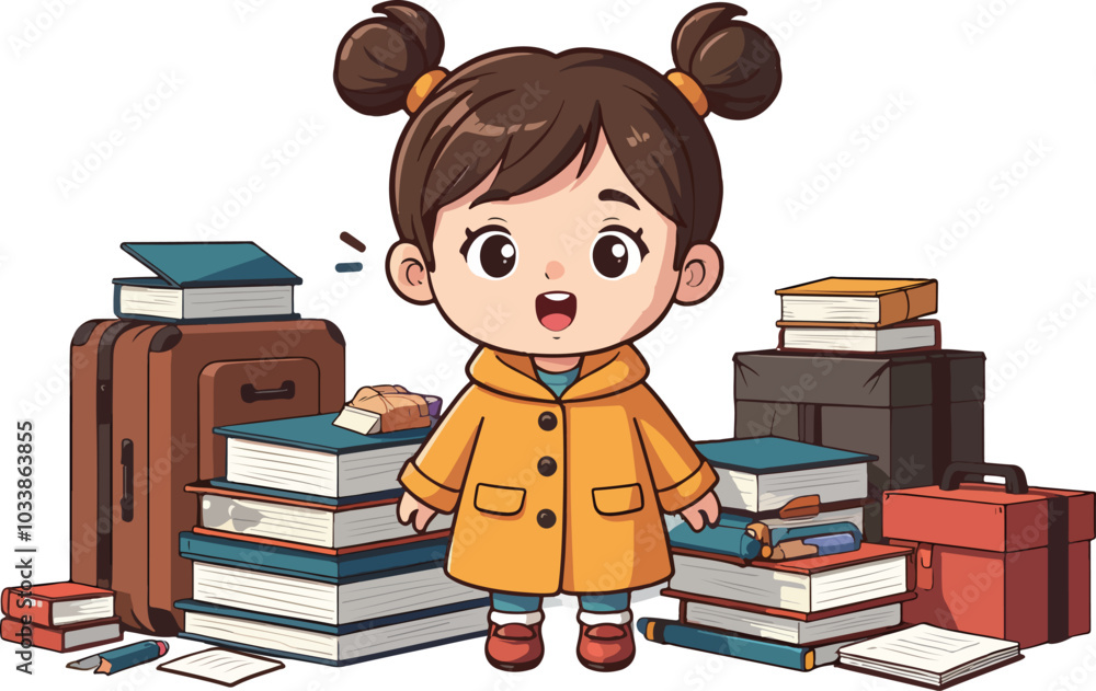 Cute Girl with Books and Luggage Cute Girl with Books and Luggage