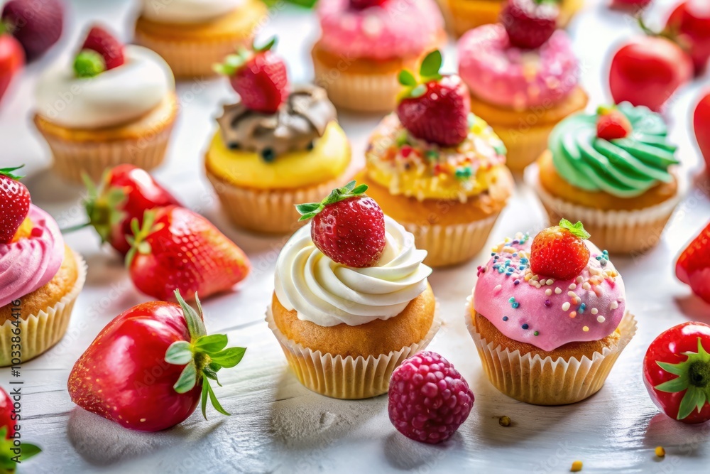 Tilt-Shift Photography of Colorful Cupcakes, Donuts, and Fresh Strawberries on a Crisp White Background for Sweet Treats and Dessert Lovers Tilt-Shift Photography of Colorful Cupcakes, Donuts, and Fresh Strawberries on a Crisp White Background for Sweet Treats and Dessert Lovers