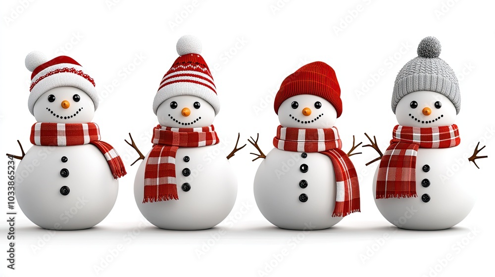 A delightful family of three snowmen dressed in colorful scarves and hats stands on a white background, embodying the cheerful spirit of Christmas and winter festivities A delightful family of three snowmen dressed in colorful scarves and hats stands on a white background, embodying the cheerful spirit of Christmas and winter festivities