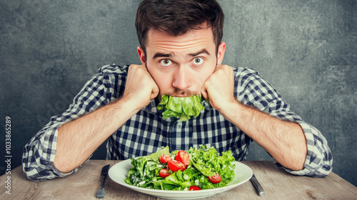 Man with a bored face, reluctantly eating a salad, conveying frustration with diet restrictions. --chaos