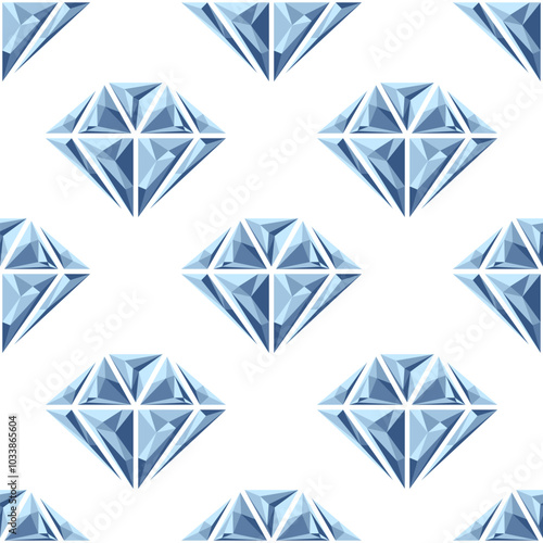 Triangulated low poly diamonds vector seamless pattern. Faceted blue crystals on white background.