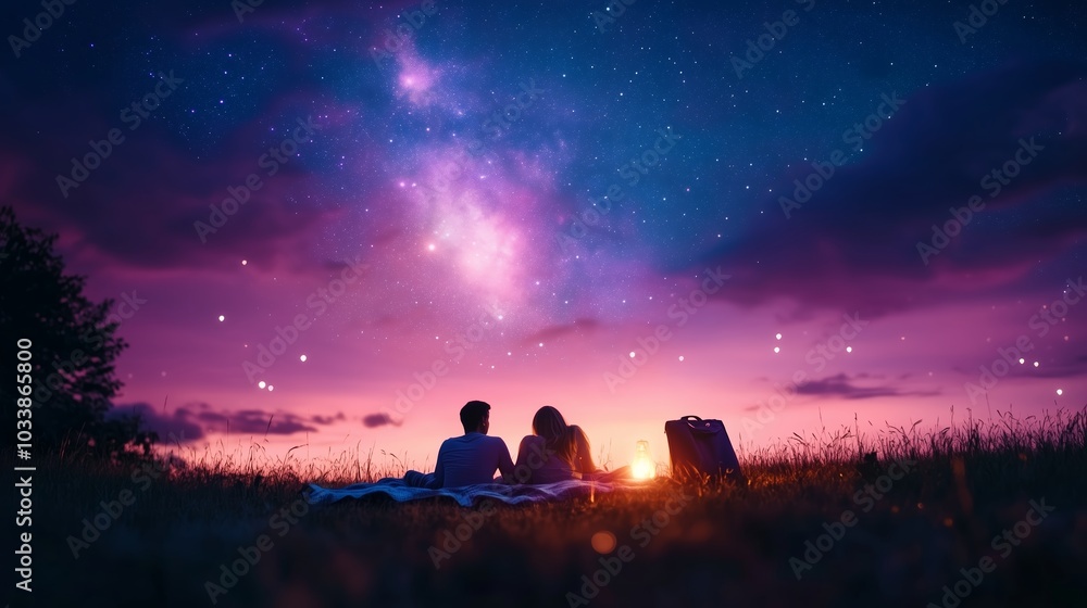 Fototapeta premium A romantic evening under the stars with a couple enjoying a sunset on a grassy field
