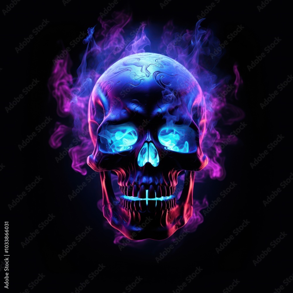 Creepy skull of smoke purple black background illuminated. Creepy skull of smoke purple black background illuminated.