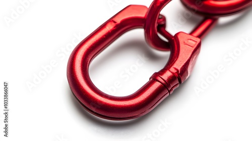 Red locking karabiner done up, isolated on white background, with copy space. Close up of locking carabiner. Basic climbing gear.  photo