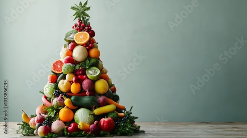 Christmas tree made entirely of vegetables with fruit ornaments detailed