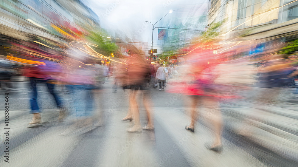 Obraz premium Motion blur of tourists crossing a busy intersection in a city, creating a dynamic and abstract urban atmosphere. --chaos