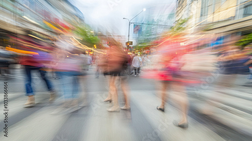 Motion blur of tourists crossing a busy intersection in a city, creating a dynamic and abstract urban atmosphere. --chaos