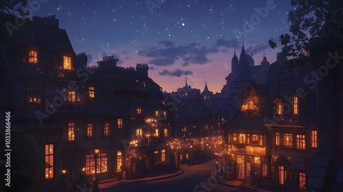 59. An anime town at twilight, with warm lights coming from the windows and stars beginning to appear in the sky