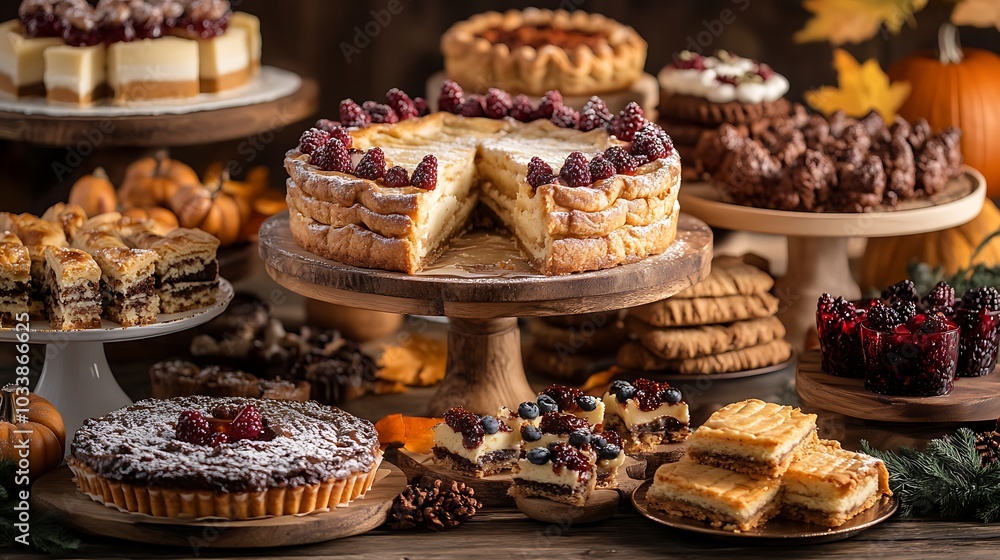 A beautifully arranged Thanksgiving dessert table with assorted pies, cakes, and cookies, decorated with rustic autumn leaves and small pumpkins. The desserts are captured in soft, warm lighting, A beautifully arranged Thanksgiving dessert table with assorted pies, cakes, and cookies, decorated with rustic autumn leaves and small pumpkins. The desserts are captured in soft, warm lighting,