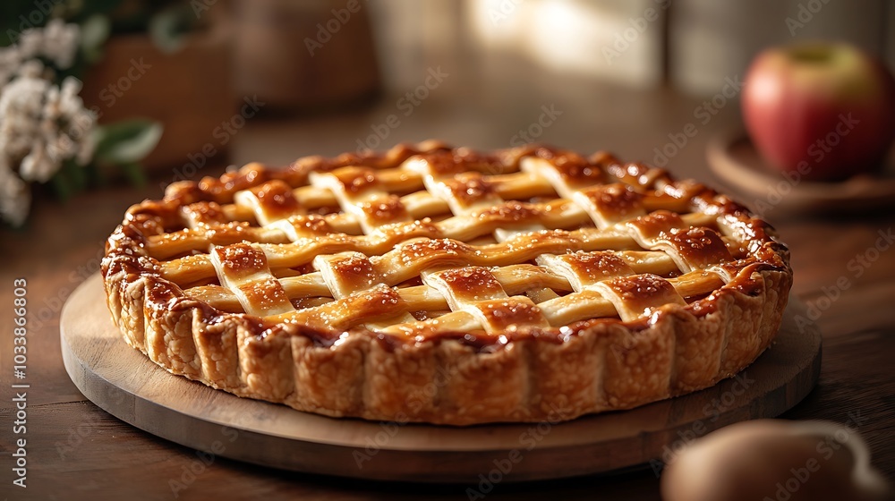 A beautifully baked apple pie with a golden lattice crust, topped with a caramel drizzle, sitting on a rustic wooden table. A beautifully baked apple pie with a golden lattice crust, topped with a caramel drizzle, sitting on a rustic wooden table.