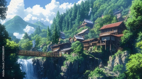 53. An anime mountain village surrounded by forests, with small homes, a waterfall, and a wooden bridge