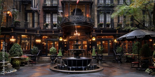 A stunningly elegant entrance of a historic luxury hotel, showcasing classic architectural design with ornate details and a beautifully lit fountain