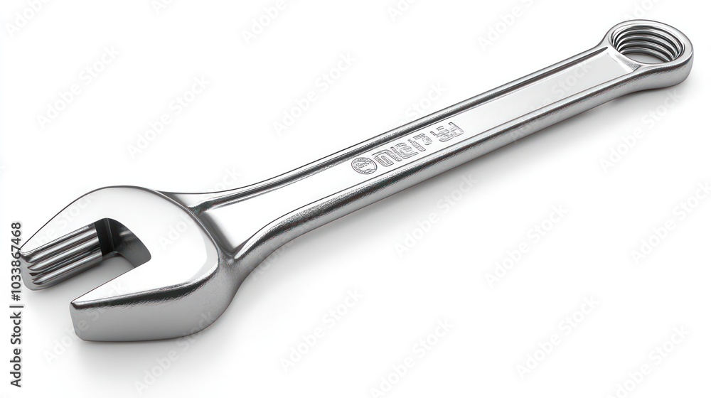 A silver wrench is shown on a white background A silver wrench is shown on a white background