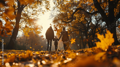 A family walking through a park with autumn leaves falling, capturing the essence of Thanksgiving and togetherness