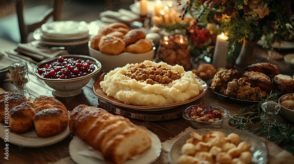 A beautifully set Thanksgiving table spread with traditional dishes like mashed potatoes, stuffing, cranberry sauce, and freshly baked rolls. A beautifully set Thanksgiving table spread with traditional dishes like mashed potatoes, stuffing, cranberry sauce, and freshly baked rolls.