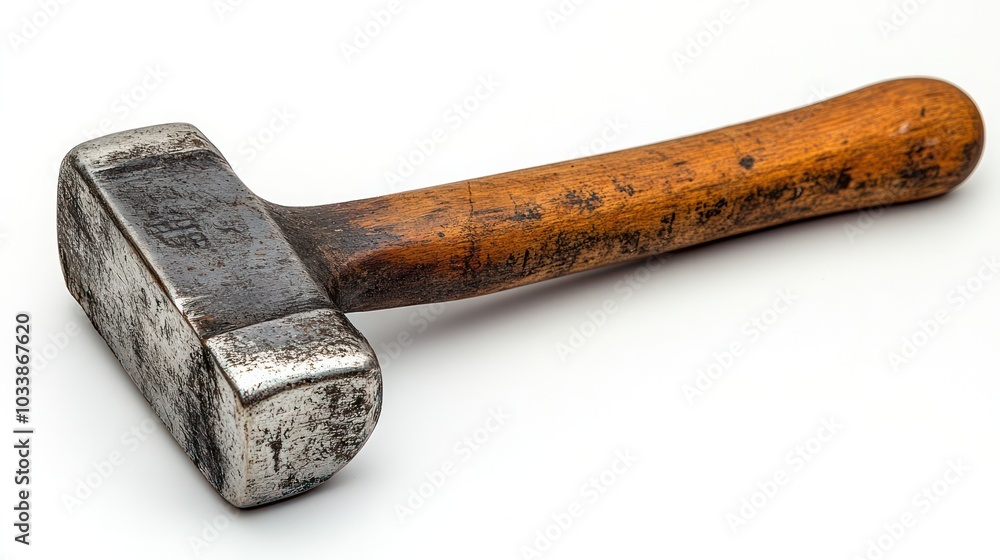 A hammer with a wooden handle is laying on a white background