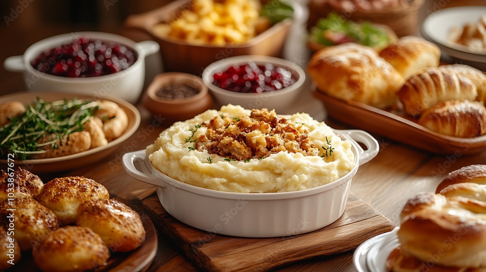 A beautifully set Thanksgiving table spread with traditional dishes like mashed potatoes, stuffing, cranberry sauce, and freshly baked rolls. A beautifully set Thanksgiving table spread with traditional dishes like mashed potatoes, stuffing, cranberry sauce, and freshly baked rolls.