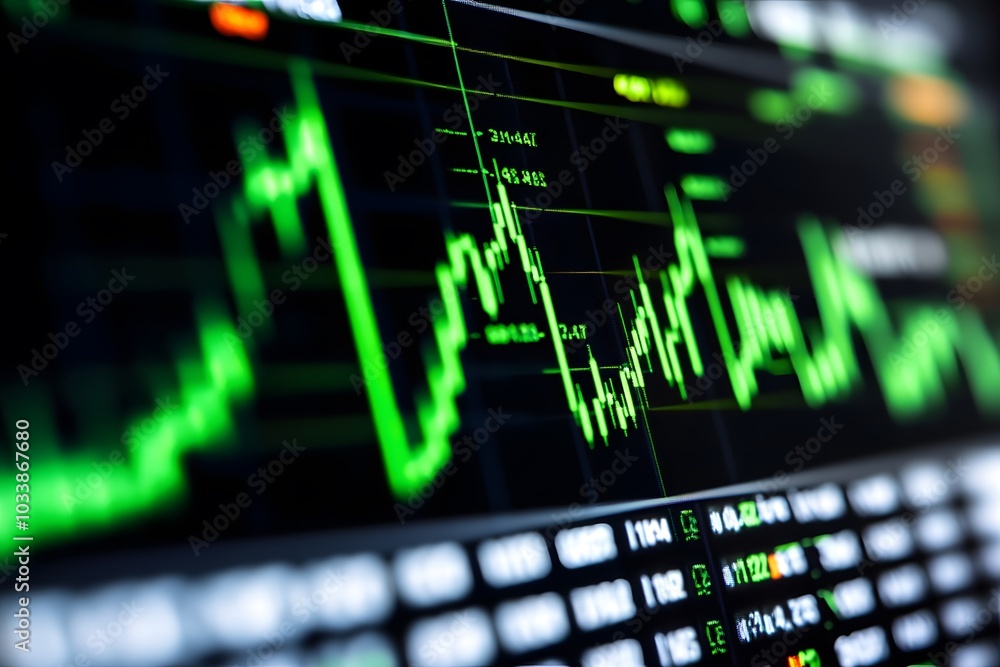 A close-up of a stock market chart displaying fluctuating prices and trading data. A close-up of a stock market chart displaying fluctuating prices and trading data.