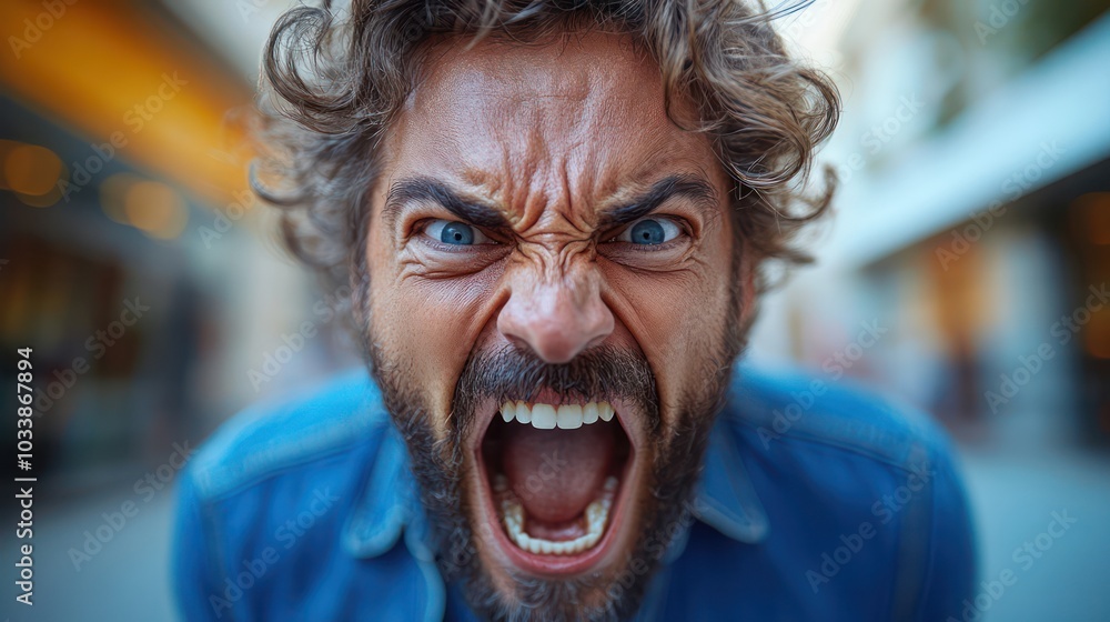 A man with a beard and blue shirt is screaming A man with a beard and blue shirt is screaming