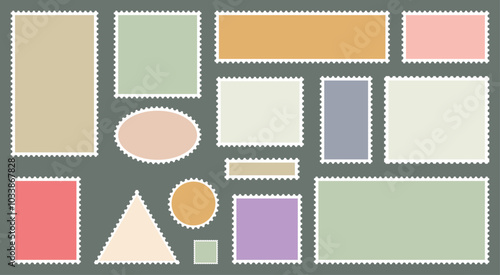Colorful Postage stamp set frame border blank postcard stamp sticker colored background envelope postal card space paper old vintage retro style template