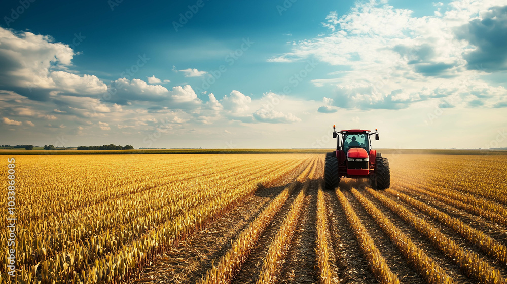 A farmer driving a red tractor through a vast cornfield under a bright blue sky, with rows of corn stretching into the distance A farmer driving a red tractor through a vast cornfield under a bright blue sky, with rows of corn stretching into the distance