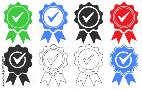 Approved check mark badge icon medal prize premium quality tick award ribbon check mark line vector icon set merit reward champion