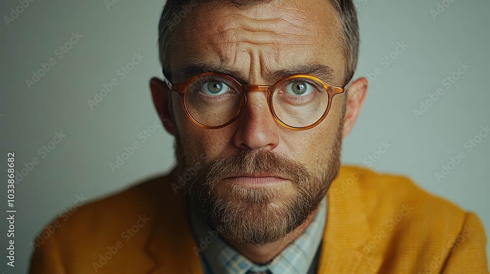 A man with glasses and a beard is wearing a yellow jacket A man with glasses and a beard is wearing a yellow jacket