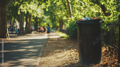 Public waste bin in a city park, with a tree-lined pathway and joggers passing by on a sunny afternoon. --chaos