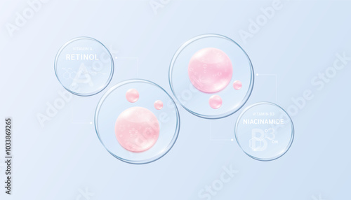 Vitamin B3 Niacinamide and Vitamin A Retinol solution on glass transparent circular disc and chemical structure formula. Serum skin care face for cosmetics ads. Medical beauty science. Vector.