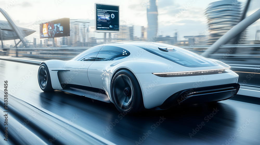 Futuristic Electric Sports Car Driving Through a Modern City Futuristic Electric Sports Car Driving Through a Modern City