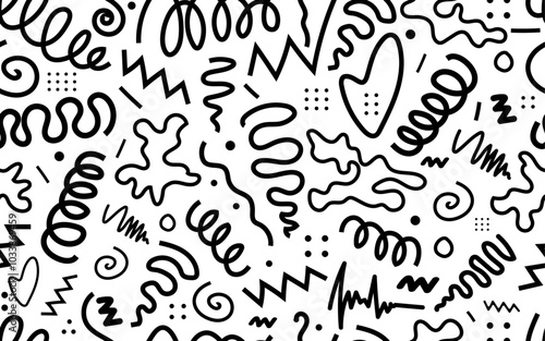 Line doodle seamless pattern black white trendy 90s retro style confetti texture childish scribble backdrop repeatable grid wallpaper
