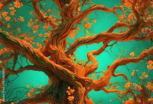 Image of a tree with twisted branches resembling ghostly hands. Bright orange flowers bloom from the tips of the branches. Green neon lights shine from the flowers. photo