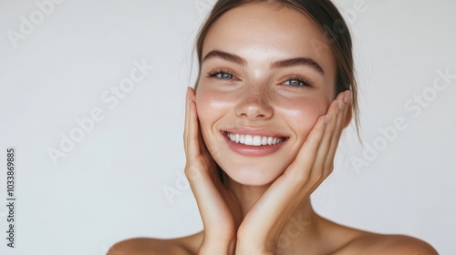 A joyful woman with radiant skin smiles while gently touching her face, showcasing beauty and confidence against a minimalist backdrop.