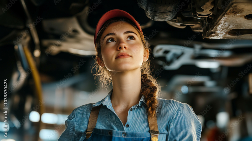 A female mechanic inspecting the underside of a vehicle on a hydraulic lift, determined expression on her face A female mechanic inspecting the underside of a vehicle on a hydraulic lift, determined expression on her face