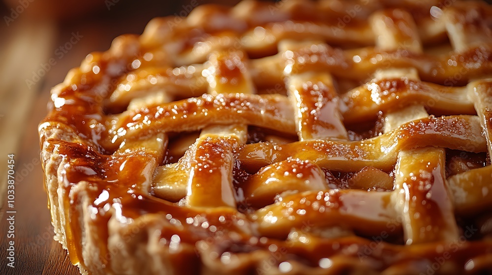 A close-up of a warm apple pie with a perfectly golden lattice crust, drizzled with rich caramel. The soft, golden light creates a cozy, autumn feel, highlighting the crisp crust and glossy caramel. A close-up of a warm apple pie with a perfectly golden lattice crust, drizzled with rich caramel. The soft, golden light creates a cozy, autumn feel, highlighting the crisp crust and glossy caramel.