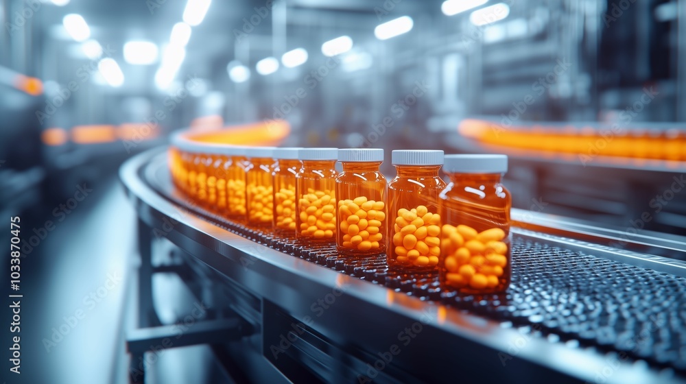 Pharmaceutical Bottles on Curved Conveyor Belt in Medicine Manufacturing Process Pharmaceutical Bottles on Curved Conveyor Belt in Medicine Manufacturing Process